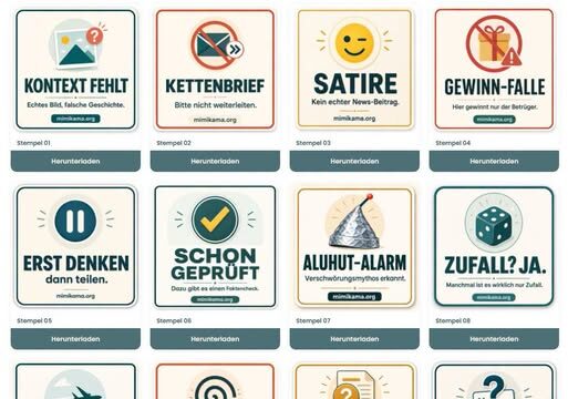 Die Mimikama-Stempel: kostenlose Grafiken gegen Desinformation, Hetze und Betrugsmaschen.
